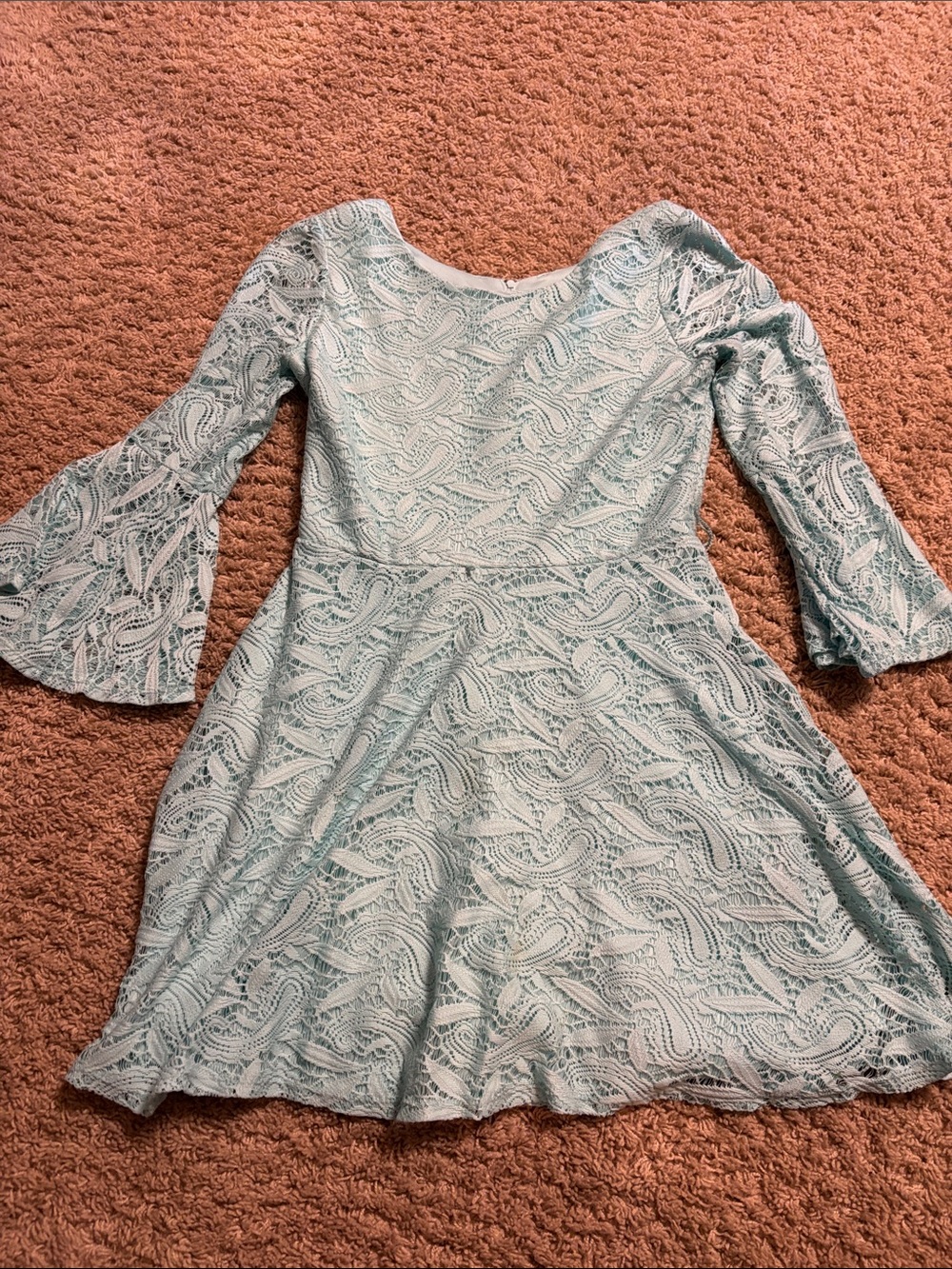 Amy Byer Light Aqua Lace Fit & Flare Dress with Bell Sleeves